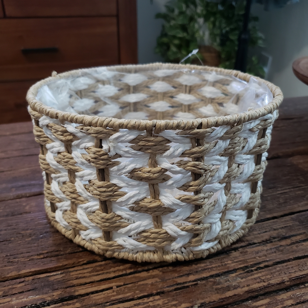 Woven White and Tan Round Basket